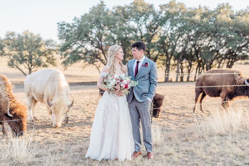 Bride and groom portrait beside the white buffalo herd